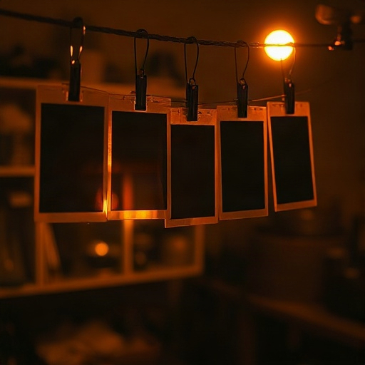 Film negatives drying in a darkroom