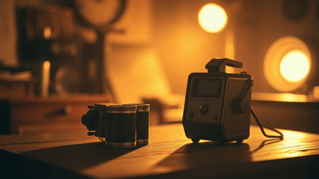 Warm darkroom still life with film and light meter
