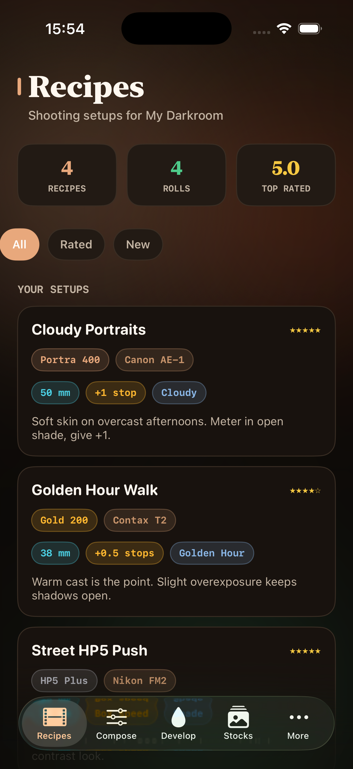 Develop roll rating screen